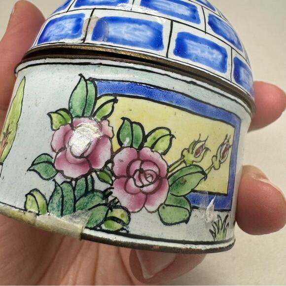 Vintage Enameled Trinket Box Cottage Cherry Blossom Branch  Boho Blue White - Picture 2 of 9